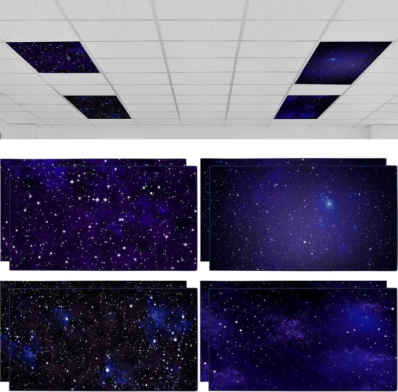 ROCEEI 8 Pcs 4 x 2 Feet Fluorescent Light Covers Magnetic for Ceiling Lights Classroom Office Reducing Glare Harsh Flicker Light Filters for Classroom Office Home Hospital Decor(Night Sky) - Image 1